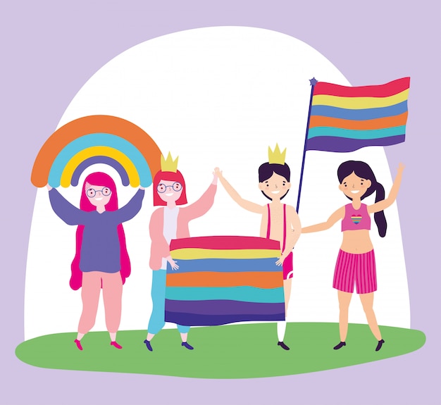 Duma Parada Społeczności Lgbt, Ludzie Z Flagami Homoseksualna Dumna Kreskówka