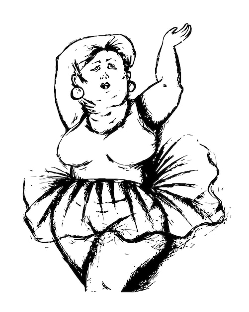 Plik wektorowy duża dama w baletowym tańcu tutu body pozytywna koncepcja monochromatyczne doodle izolowane ilustracji