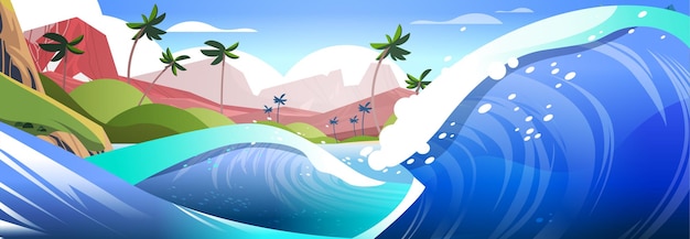 Plik wektorowy duża fala morska lub oceaniczna z tropikalną wyspą na tle wakacji koncepcja poziomej ilustracji wektorowych