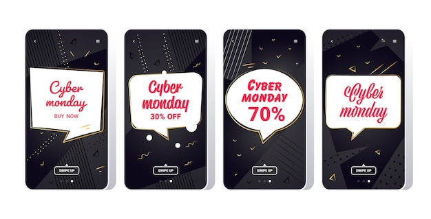 Duża Wyprzedaż Cyber Poniedziałek Kolekcja Naklejek Oferta Specjalna Promocja Marketing świąteczny Koncepcja Zakupów Ekrany Smartfonów Ustaw Banery Aplikacji Mobilnej Online