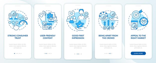 Duże znaczenie projektowe Niebieski ekran aplikacji mobilnej na pokładzie Prezentacja w stylu biznesowym 5 kroków z instrukcjami graficznymi Strony z liniowymi koncepcjami Szablon UI UX GUI Myriad ProBold Użyte zwykłe czcionki