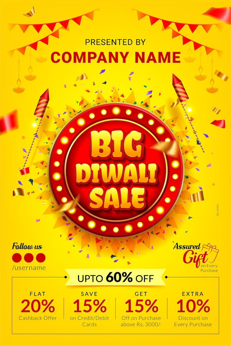 duży banner sprzedaży Diwali z czerwonym znakiem światła retro w stylu vintage na żółtym tle