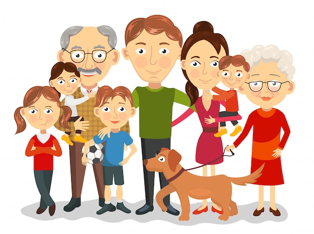 Plik wektorowy duży i szczęśliwy portret rodzinny z dziećmi, rodzicami, dziadkami ilustracyjnymi
