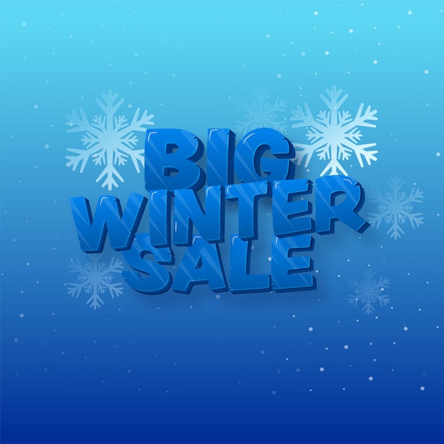 Duży projekt plakatu zimowej sprzedaży z płatkami śniegu na niebieskim tle śniegu