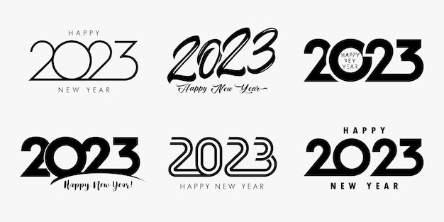 Duży zestaw 2023 szczęśliwego nowego roku czarne logo tekst projekt. Kolekcja 20 23 wektor numer szablonu projektu