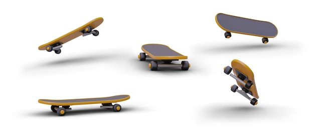Duży zestaw deskorolek 3D w jednym stylu widok z różnych stron Materiał ilustracyjny do aplikacji stron internetowych o deskorolce Deska w spoczynku podczas wykonywania trików w powietrzu