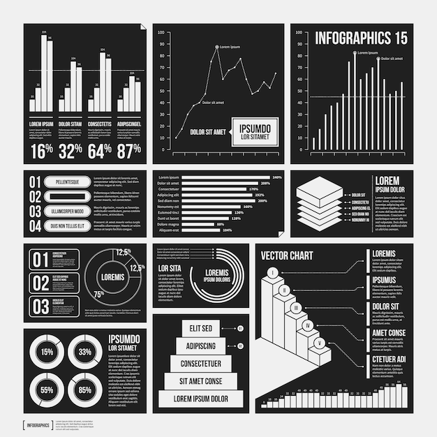 Plik wektorowy duży zestaw elementów infografiki w kolorach czarnym i białym. monochromatyczne wzornictwo. minimalistyczny styl.