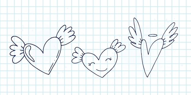 Duży Zestaw Elementów ładny Handdrawn Doodle O Miłości Wiadomość Naklejki Dla Aplikacji Ikony Na Romantyczne Wydarzenia Walentynkowe I Wesele Notatnik W Kratkę Serca Ze Skrzydłami