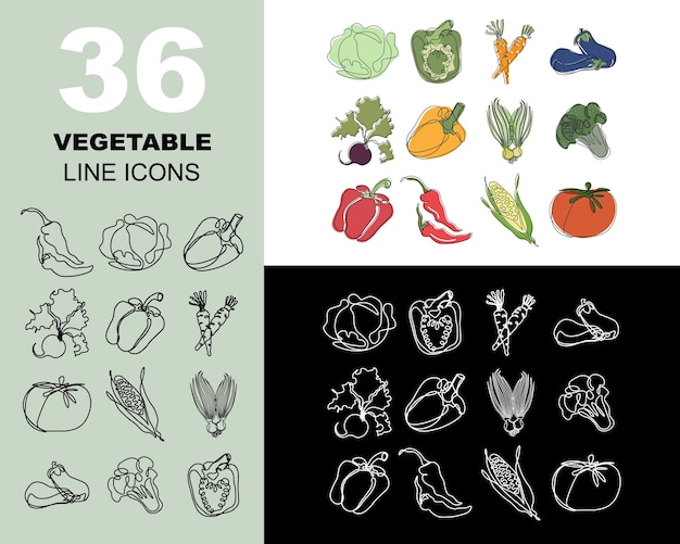 Duży Zestaw Ikon Warzyw Czarna Linia Biała Linia Ikon I Kolorowe Ikony Druk Szablonów