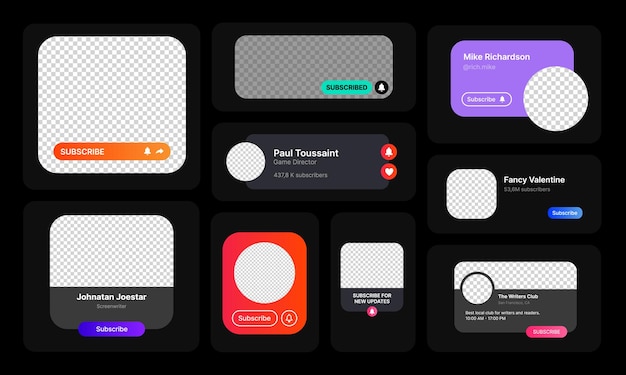 Duży zestaw ilustracji powiadomień o subskrypcji Social Media UI Concept w minimalistycznym stylu Puste miejsce na dodawanie ikony profilu użytkownika i nazwy przycisku Subskrybuj Element sieci Web dla aplikacji mobilnych