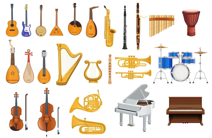 Duży zestaw instrumentów muzycznych na białym tleStrunowe instrumenty klawiszowe perkusyjne instrumenty dęte