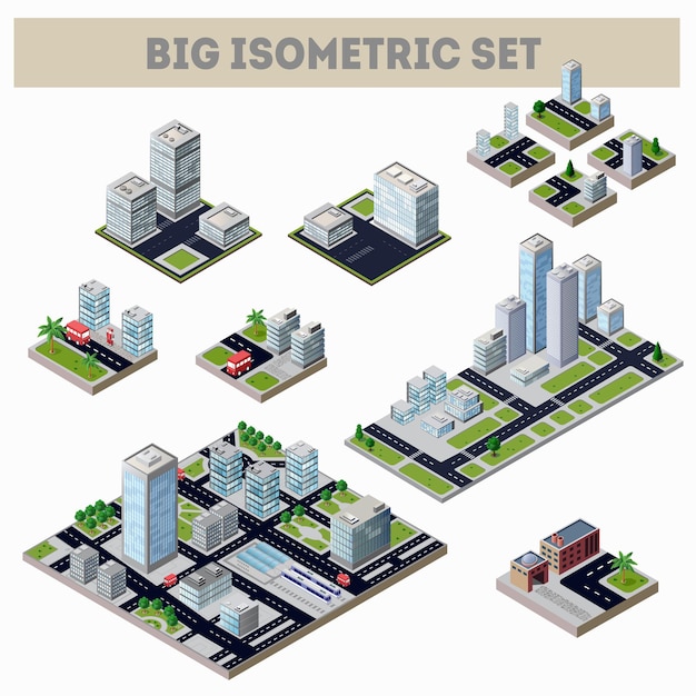 Duży Zestaw Izometrycznych Map Miasta Z Mnóstwem Budynków, Drapaczy Chmur, Dróg I Fabryk