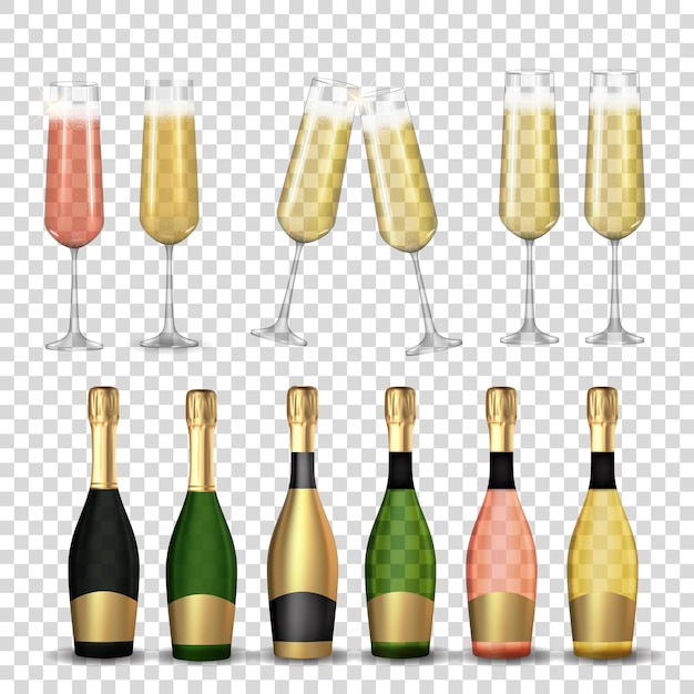 Duży zestaw kolekcji realistycznych 3D kieliszków do szampana i butelki