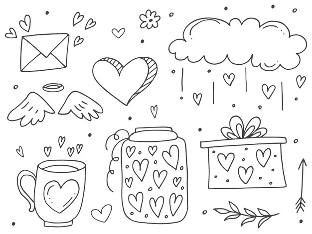 Duży zestaw ładnych ręcznie rysowanych elementów doodle o miłości Naklejki na wiadomości dla aplikacji Ikony na romantyczne imprezy walentynkowe i wesele