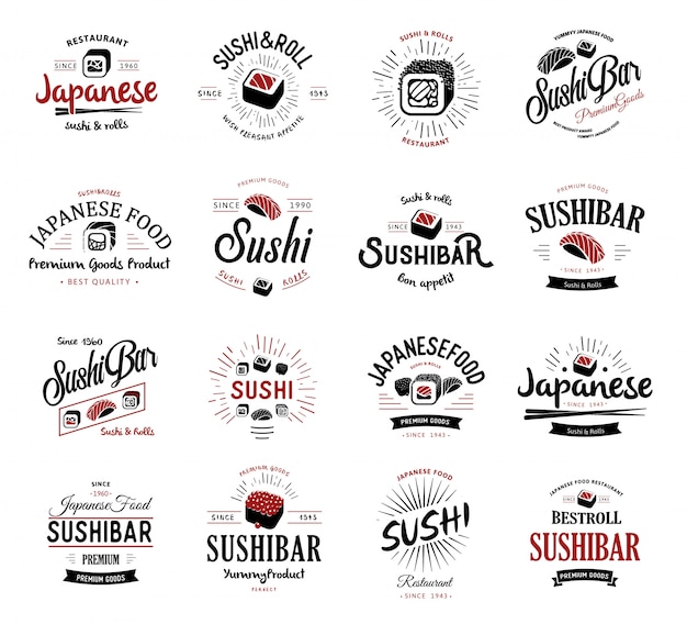 Duży zestaw logo i emblematów japońskiego jedzenia w stylu retro z napisem i ikonami oraz kształtem sushi, bułki, pałeczek, wstążek i promieni.