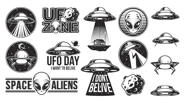 Plik wektorowy duży zestaw logo kosmitów. dzień ufo.