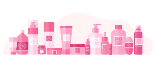 Plik wektorowy duży zestaw produktów kosmetycznych ozdobionych logo różowego kwiatowego konturu