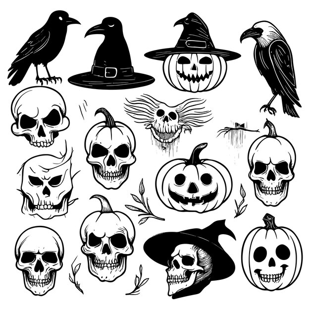 Duży Zestaw Szkiców Halloween Białe Tło Ilustracji Wektorowych Ręcznie Rysowane Dekoracje Halloween
