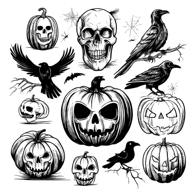 Duży Zestaw Szkiców Halloween Białe Tło Ilustracji Wektorowych Ręcznie Rysowane Dekoracje Halloween