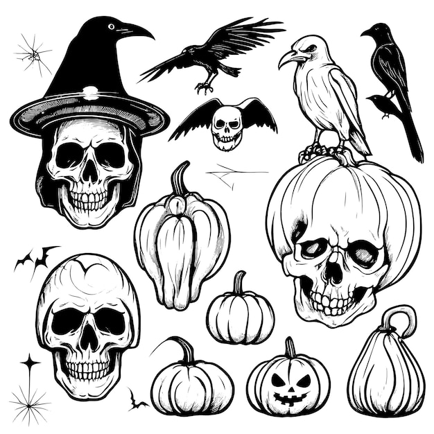 Duży zestaw szkiców halloween białe tło ilustracji wektorowych ręcznie rysowane dekoracje halloween