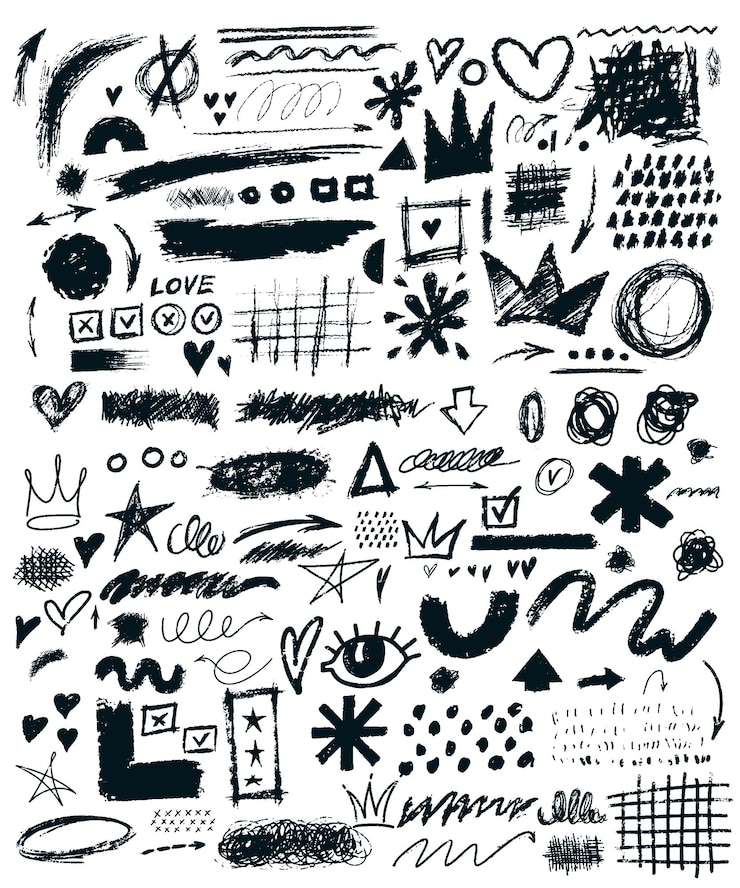 Wektor duży zestaw węgla graffiti doodle punk i dziewczęce kształty wektor ręcznie narysowane rysunki scribbles squiggles