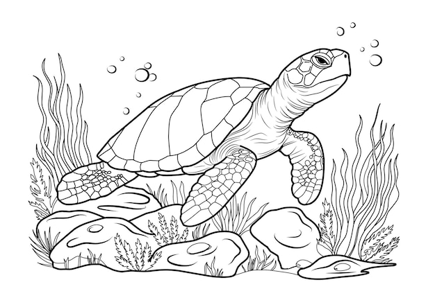 Duży żółw oceaniczny urocze prążkowane ryby w podwodnym świecie z bąbelkami piasku alg na białym izolowanym tle Dobre dla dzieci i dorosłych kolory książki strony
