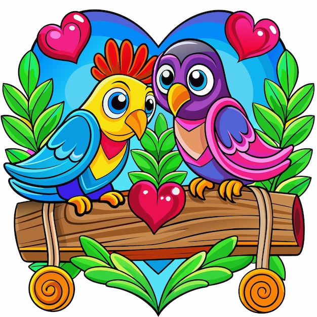 Plik wektorowy dwa kolorowe ptaki siedzą na drewnie z sercem w środku