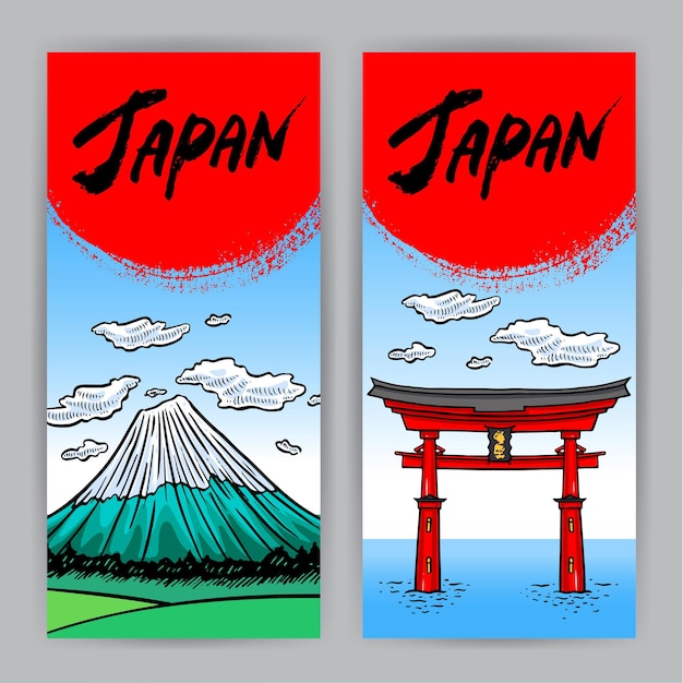 Dwa Piękne Pionowe Banery Japońskich Atrakcji. Góra Fuji I Torii. Ręcznie Rysowana Ilustracja
