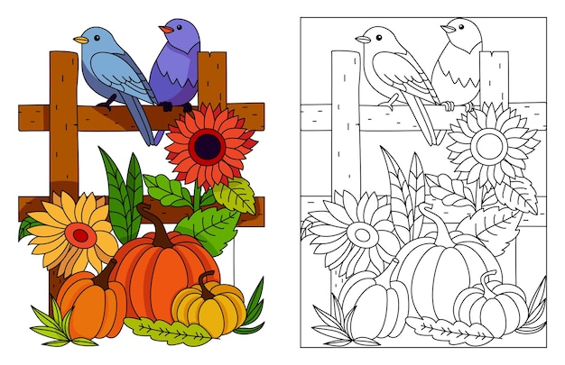 Dwa Ptaki Siedzące Na Płocie Słonecznikowa Dynia Jesienna Jesień święto Dziękczynienia Kolorowanka Art