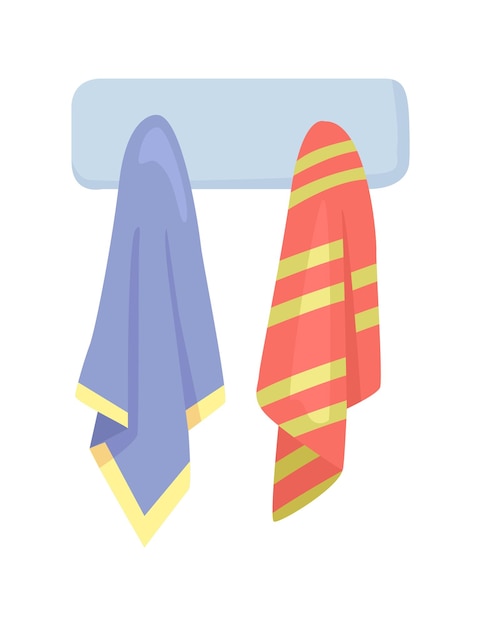 Plik wektorowy dwa ręczniki wiszące na stojaku jeden niebiesko-żółty wykończenie jeden czerwony żółty pasy dekoracja łazienki higiena