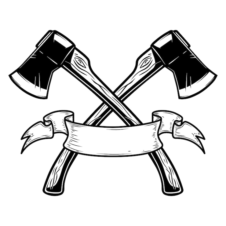 Wektor dwa skrzyżowane toporki ze wstążką. element projektu logo, etykieta, znak, plakat, karta, baner. ilustracja wektorowa