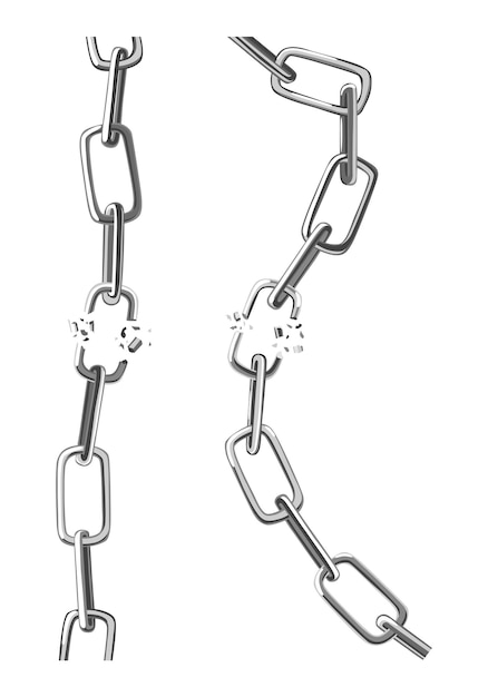 Dwa Zerwane Stalowe Ogniwa łańcucha. Symbol Bezpieczeństwa I Zniszczenia. Wolność, Zakłócenie Koncepcji Silnych Metalowych Kajdan. Ilustracja Wektorowa W Stylu Płaski Na Białym Tle