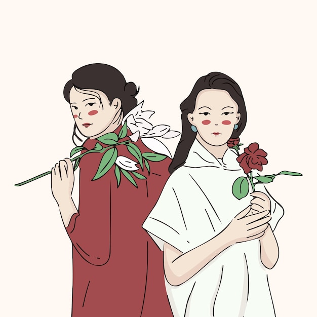 Plik wektorowy dwie azjatyckie kobiety trzymającej kwiat pochylony wzajemnie, ilustracja koncepcja solidarności kobiet