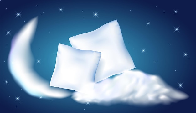 Dwie Białe Poduszki Z Piór Do Spania Na Tle Rozgwieżdżonego Nocnego Nieba, Księżyca I Chmury