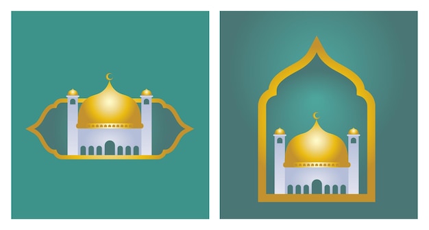 Plik wektorowy dwie ilustracje przedstawiające meczet ze złotą kopułą po lewej i złotą kopułą po prawej.