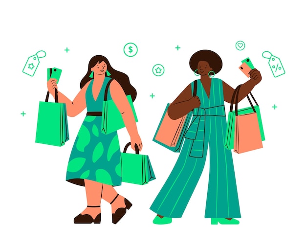 Plik wektorowy dwie kobiety z torby na zakupy i telefon komórkowy ilustracji wektorowych w płaski