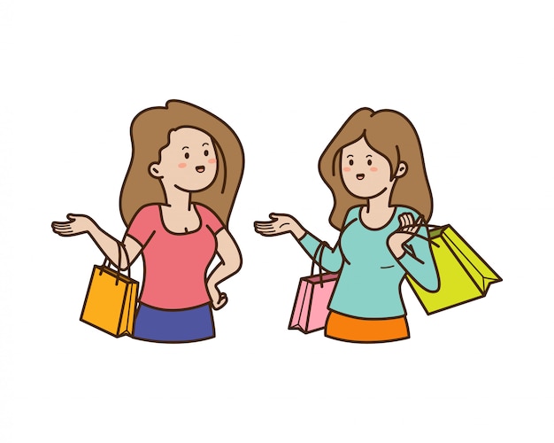 Dwie Kobiety Z Torby Na Zakupy Rozmawiają Ze Sobą, Doodle śliczną Ilustrację