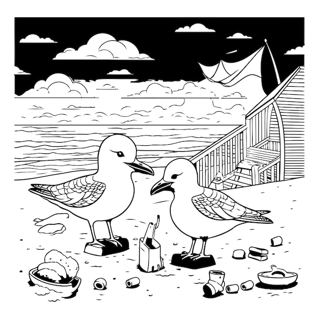 Dwie Mewy Na Plaży Czarno-biała Ilustracja Wektorowa