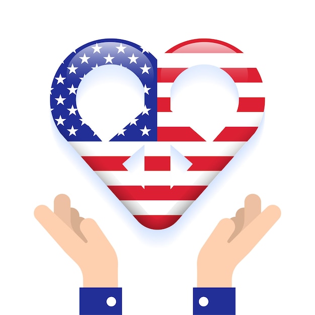 Plik wektorowy dwie ręce trzymaj flagę usa niepodległości memorial day labor day button heart symbol znaku pokoju na dłoni