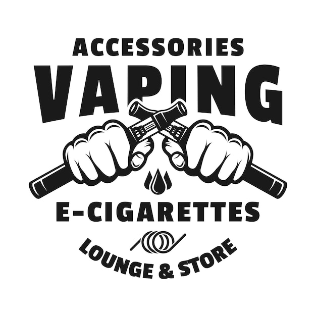 Plik wektorowy dwie ręce trzymają elektroniczne papierosy do vaping wektor monochromatyczne godło, odznaka, etykieta lub logo na białym tle