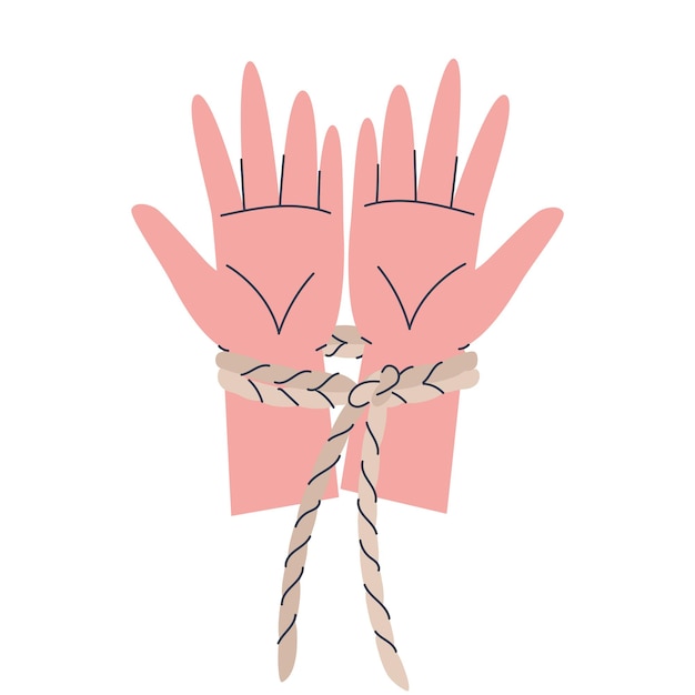 Plik wektorowy dwie ręce związane liną widok dłoni z góry przemoc i ograniczenie wolności płaski wektor