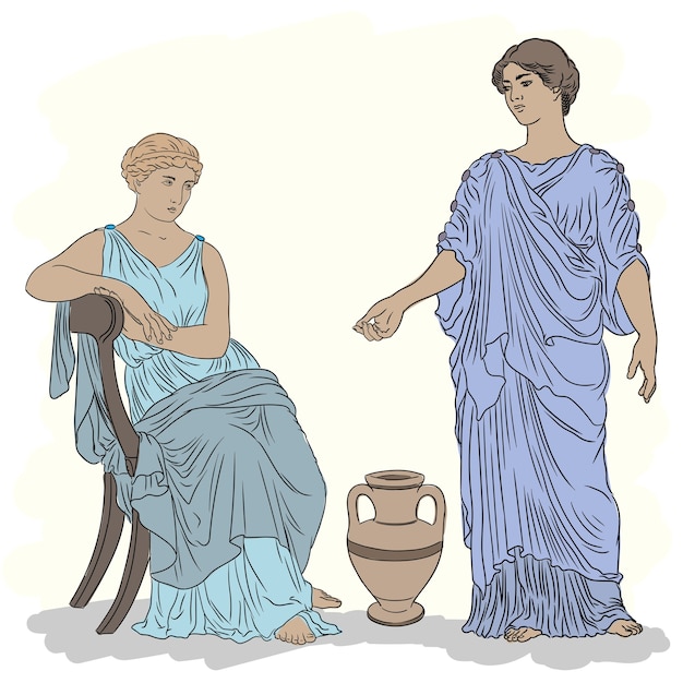 Plik wektorowy dwie starożytne greckie kobiety w tunikach rozmawiają przy dzbanku wina.