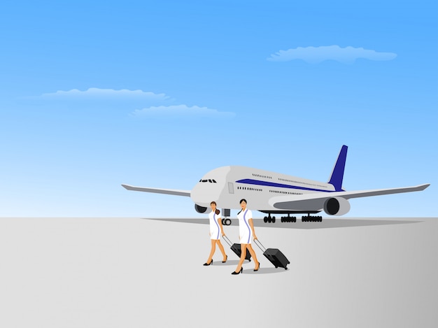 Plik wektorowy dwie stewardesy chodzące na lądowisku z samolotem i niebieskim niebem