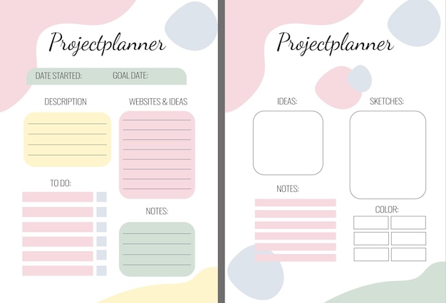 Plik wektorowy dwie strony planisty projektu z różowym i zielonym tłem.