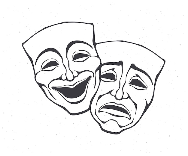 Plik wektorowy dwie teatralne maski komedia i dramat zarys symbol choroby afektywnej dwubiegunowej ilustracja wektorowa