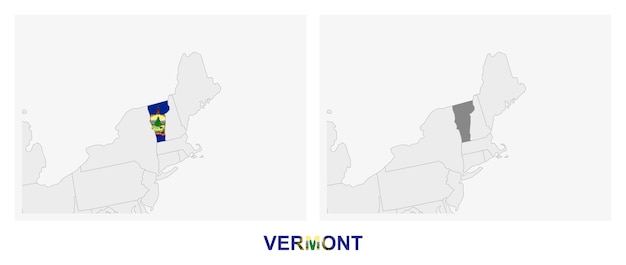 Plik wektorowy dwie wersje mapy stanu vermont w stanach zjednoczonych z flagą vermontu i podkreśloną ciemno szarą