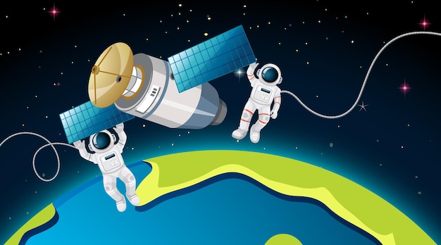 Dwóch astronautów i satelita na scenie kosmicznej