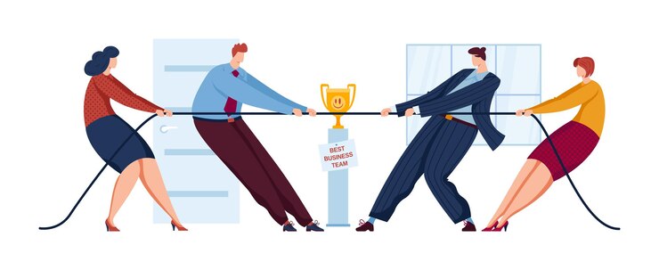 Wektor dwóch biznesmenów i dwie biznesmenki bawiące się w przeciąganie liny z trofeum rywalizacja zespołowa i osiągnięcie celu w ilustracji wektorowych ustawień biurowych