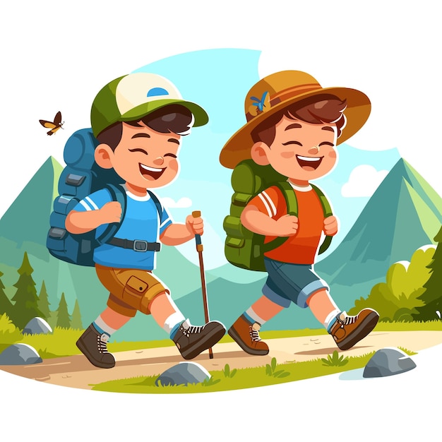 Dwóch chłopców wędrujących z plecakiem i uśmiechniętymi dziećmi w kapeluszu i plecaku chodzącymi po szlaku wektorem kreskówek