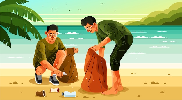 Dwóch Mężczyzn Zbierających śmieci Na Plaży